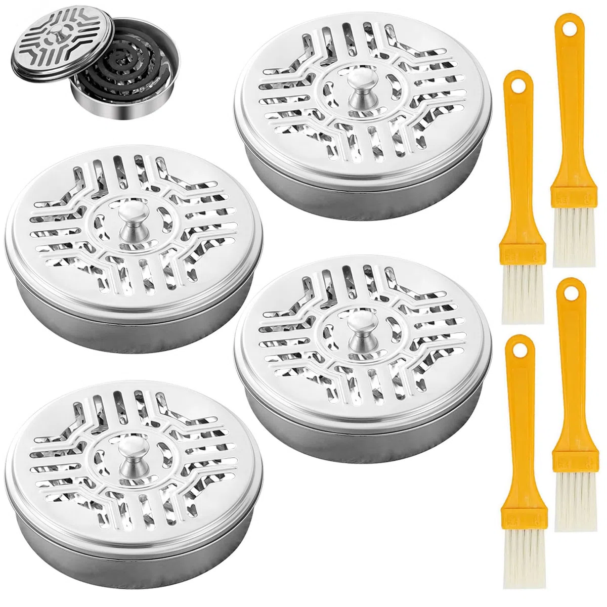 Supporto per bobine di zanzariera, 4 pezzi, in acciaio inox, portatile, con 4 spazzole, porta bobine per zanzare, spirali, supporto per zanzare