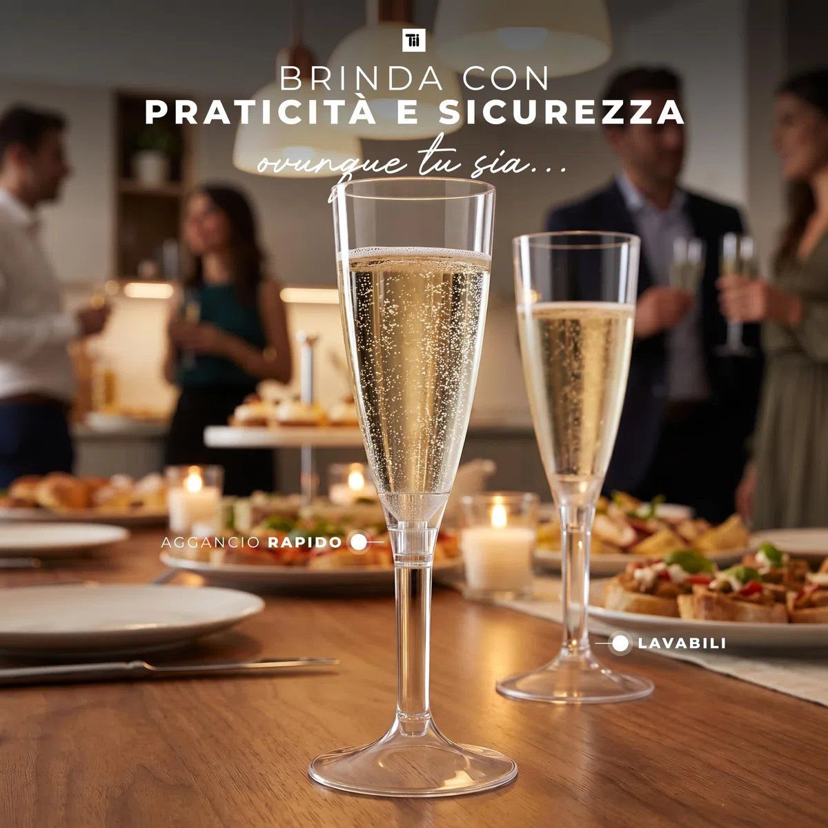 TUNDRA - Set 60 FLUTE PLASTICA da Champagne 100 ml. "USA & RI-USA" BPA-Free - Calici Plastica Riutilizzabili, Resistenti, Trasparenti, Riciclabili - Flute Plastica per Feste, Matrimoni
