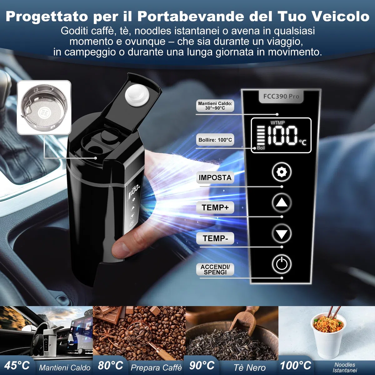 Bollitore Elettrico Portatile per Auto 24/12v, Bollitore da Viaggio con Accendisigari per Auto e Camion, Bollitore Elettrico per Auto con Temperatura Regolabile, Spegnimento Automatico, 450ml