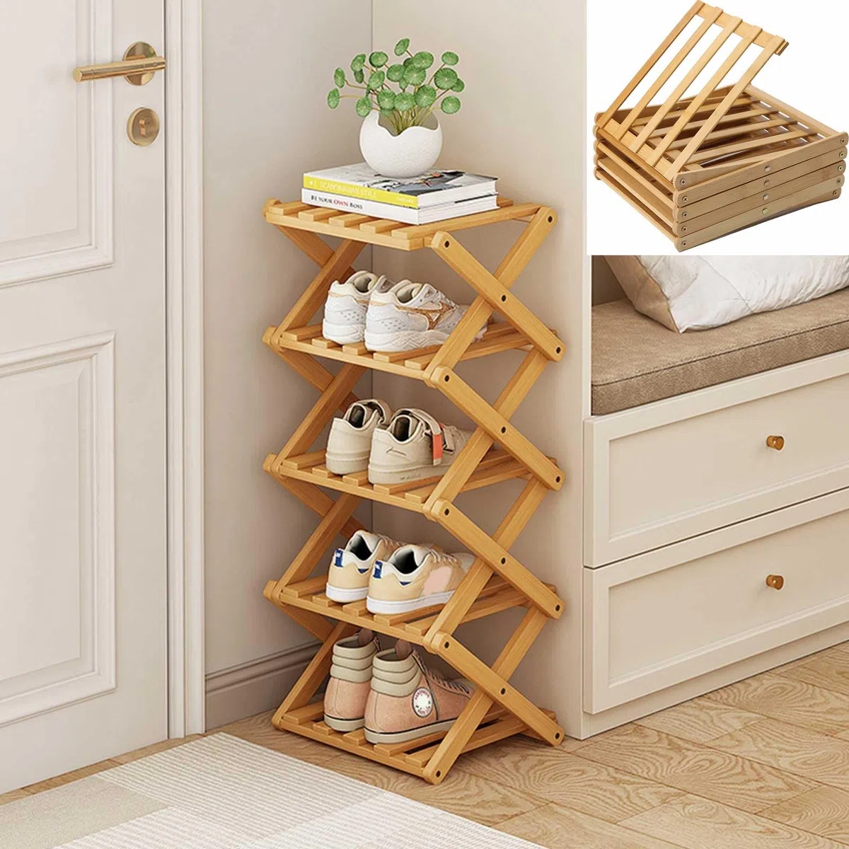 Scarpiera verticale a 5 ripiani in bambù ad angolo, pieghevole, autoportante, scarpiera organizer per ingresso, armadio, camera da letto, corridoio, soggiorno, piccoli spazi, 25,4 x 25,4 x 71,1 cm
