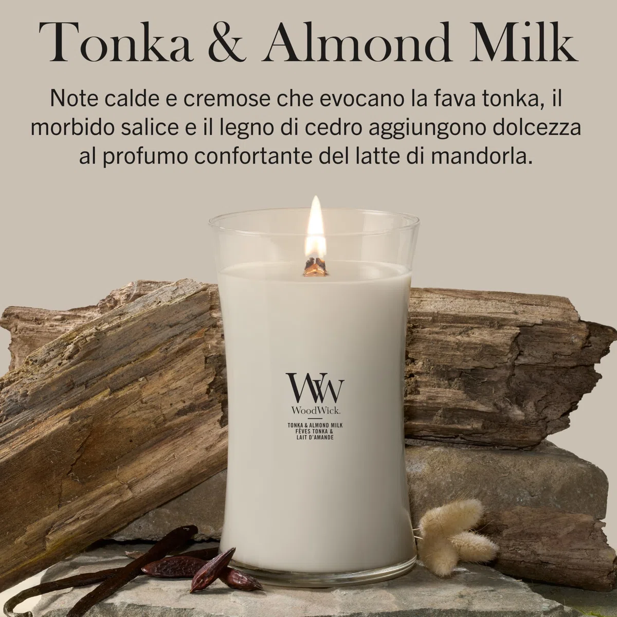 WoodWick Candela profumata | Candela grande a clessidra | Tonka & Almond Milk | Regali perfetti per donne