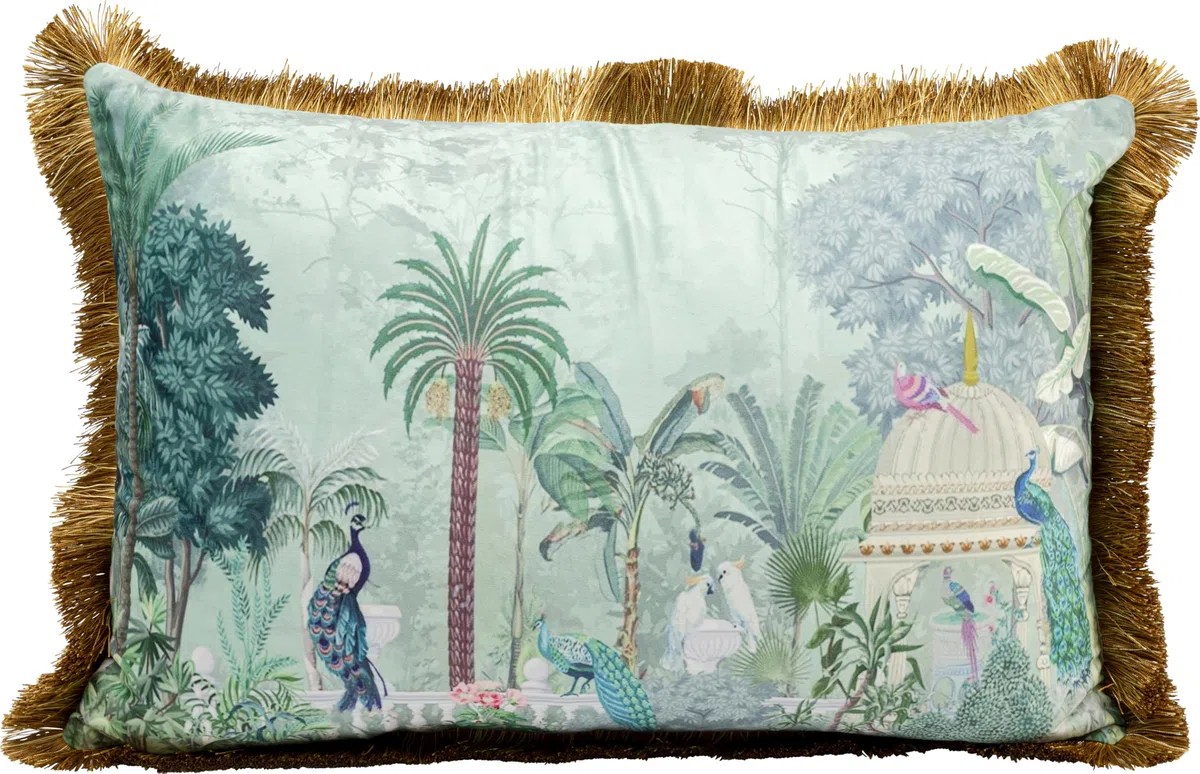 Kare Design Jungel Temple, cuscino decorativo, 40 x 60 cm, con frange, giungla, cuscino decorativo, cuscino per divano con cerniera, per soggiorno