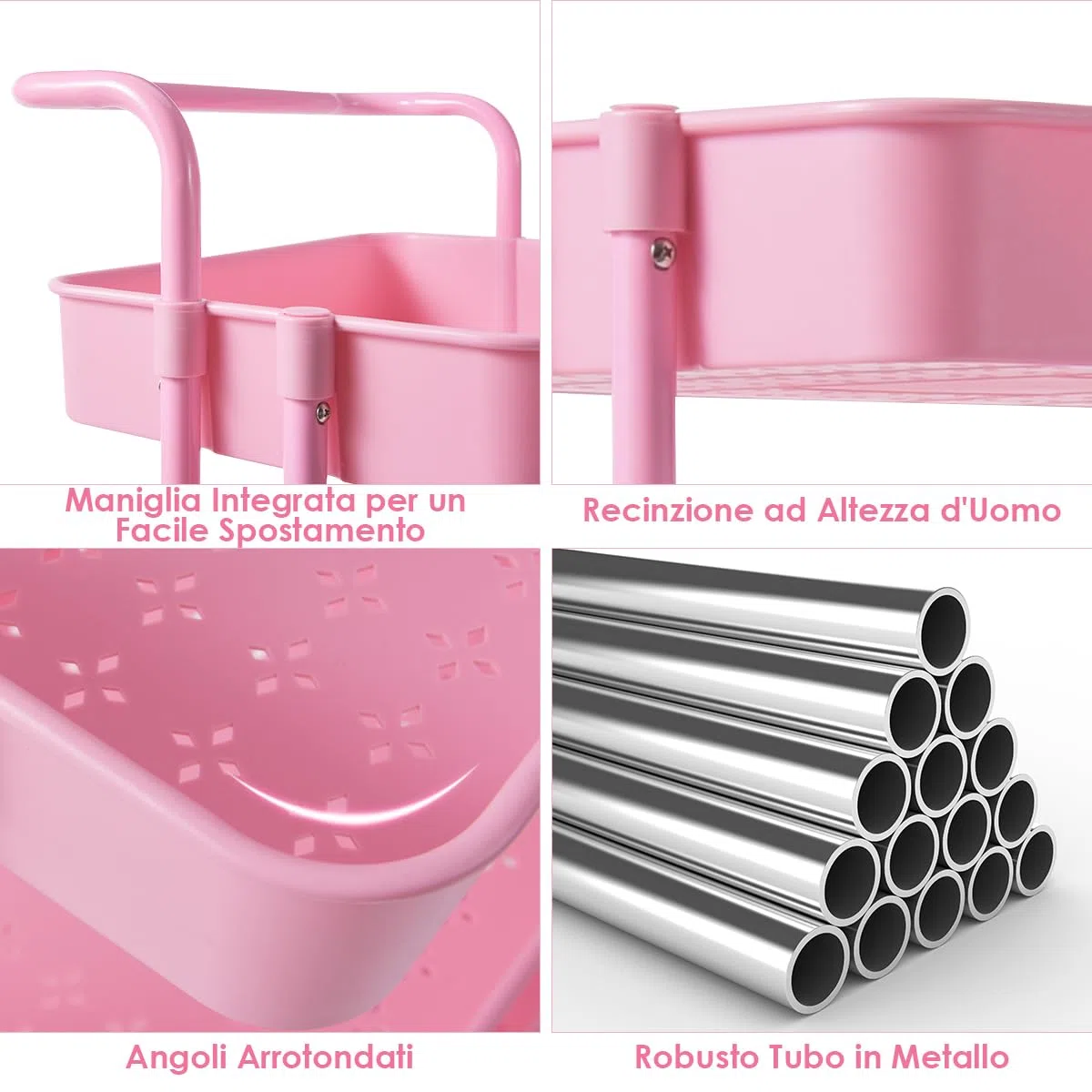 GYMAX Carrello Portaoggetti con Ruote, 3 Cassetti, Carrellino Organizzatore Salvaspazio, per Uffici, Parrucchieri, Studio, Soggiorno, 42x35x87cm (Rosa)