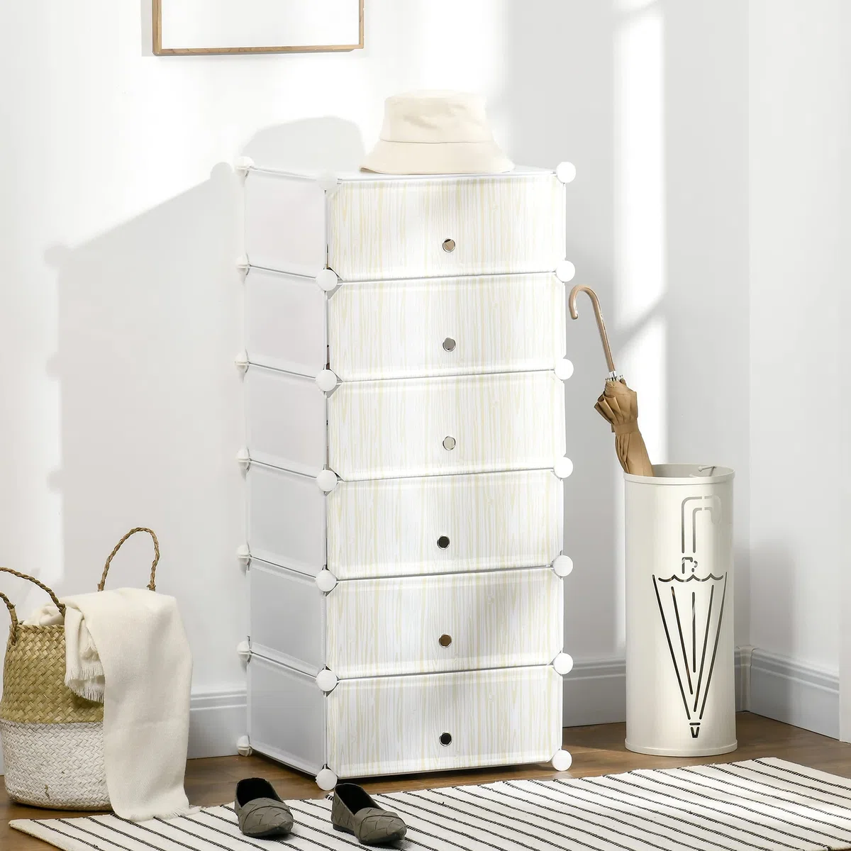 HOMCOM Scarpiera Modulare Salvaspazio con 6 Scatole 45x35x17 cm, Cubi Portaoggetti in Plastica PP e Acciaio, 49x36.5x108 cm, Bianco