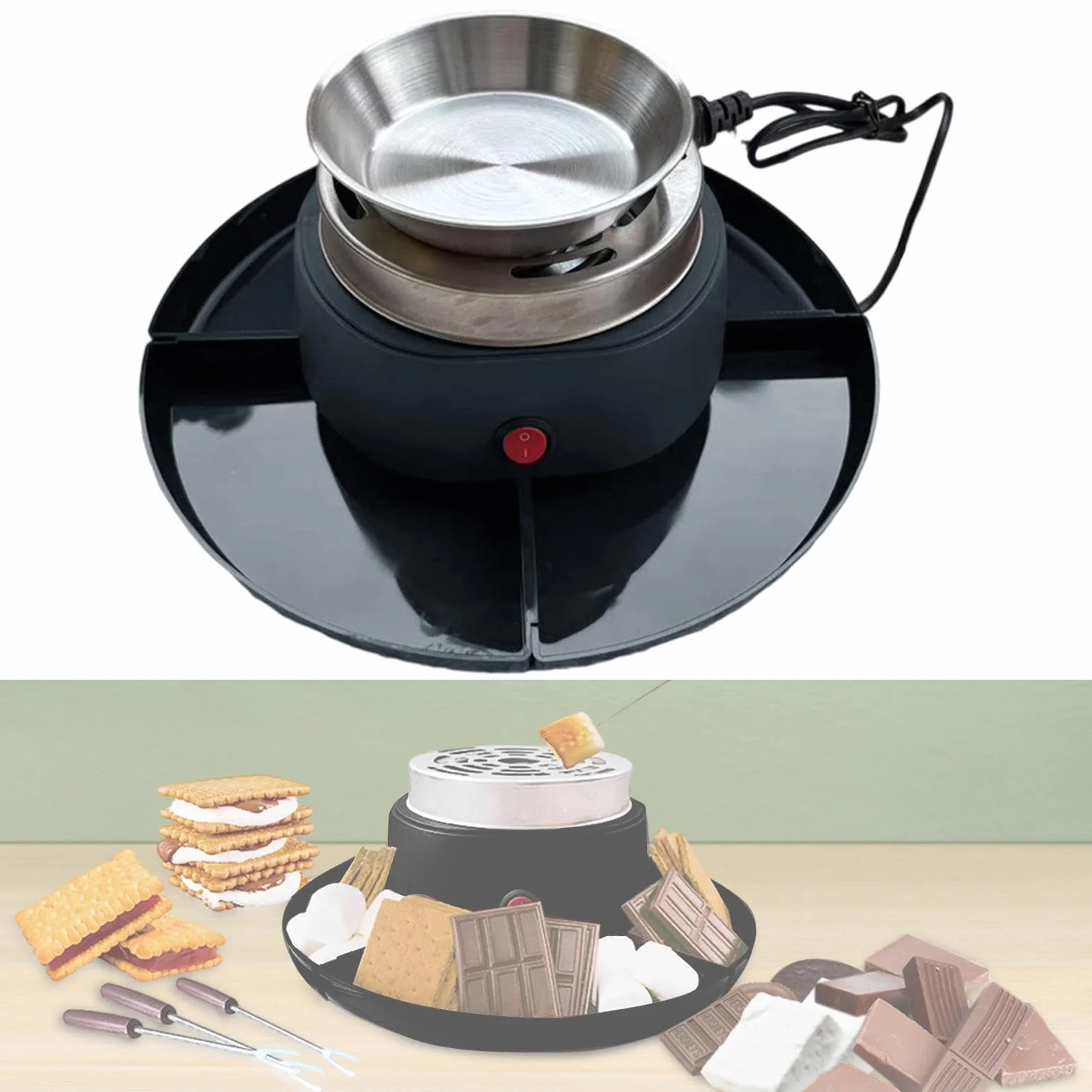 rockible Kit S'mores, macchina elettrica per S'mores, 4 vassoi staccabili, set per fonduta elettrica con forchette, set per S'mores da tavola per, Nero