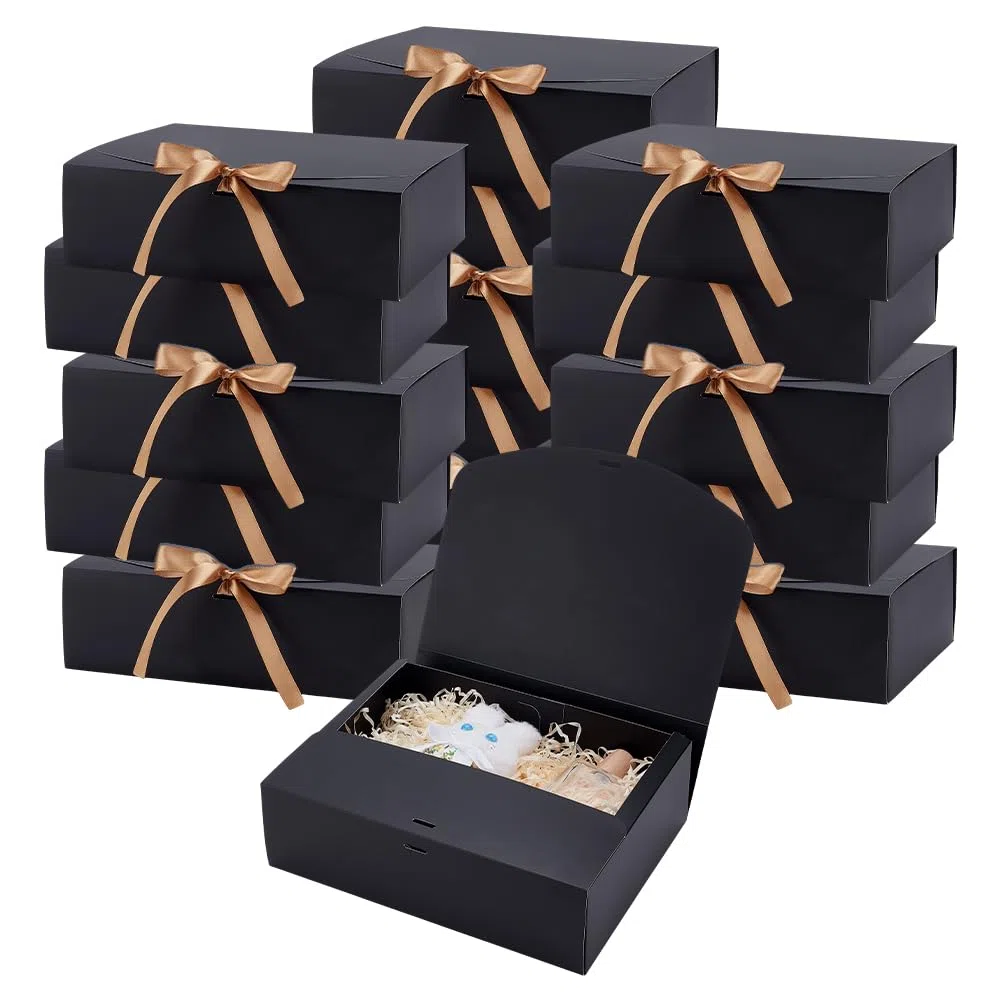 UNICRAFTALE 16 scatole regalo nere con coperchio, in carta di cartone con nastro dorato, rettangolare, di lusso, colore nero, 27 x 22 x 8 cm, per feste di laurea, Natale