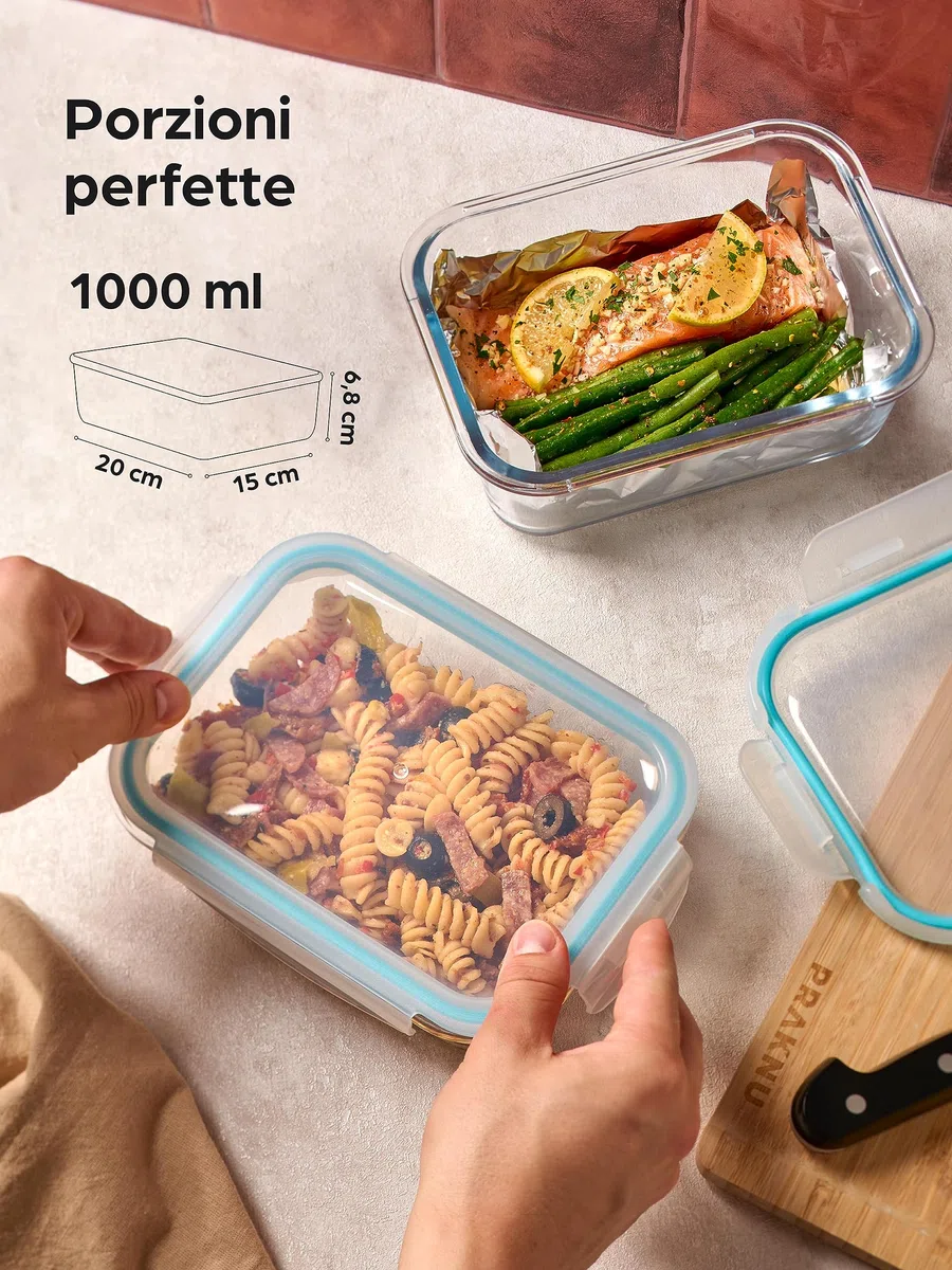 Praknu Contenitori Ermetici Per Alimenti in Vetro - Set da 4 - Con Coperchio - Capacità 1l - Senza BPA - Adatti al Congelatore e al Microonde - Lavabili in Lavastoviglie