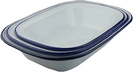 Lucaro - Set di 3 piatti smaltati oblunghi per torta, 20 cm, 22 cm, 24 cm, design vintage, adatti per forno e stufa, lavabili in lavastoviglie, vassoio, latta