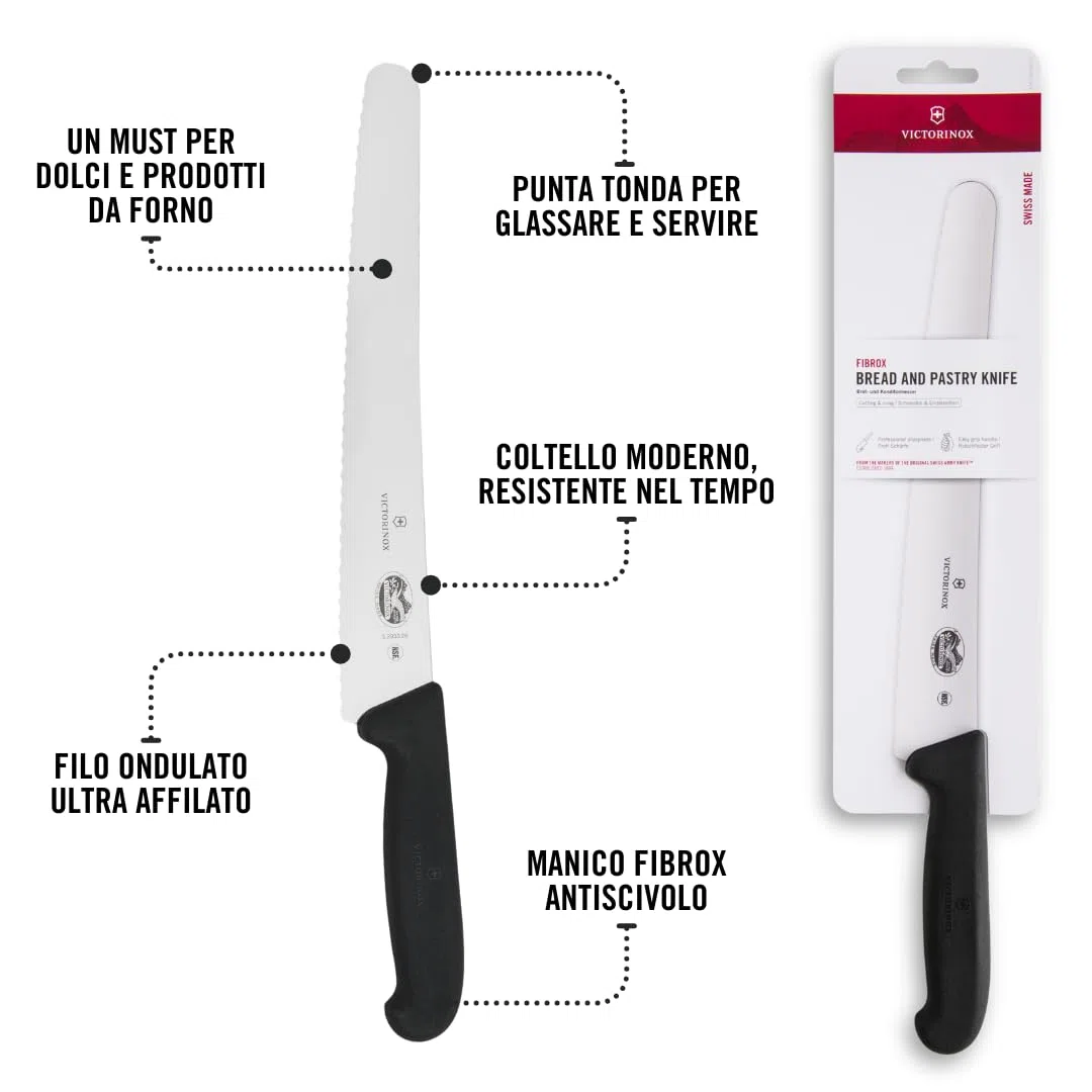 Victorinox Fibrox, Coltello da Pasticcere con Filo Ondulato, Coltello lungo per Dolci e Pane, 26 cm, Affilato, Acciaio Inossidabile, Nero