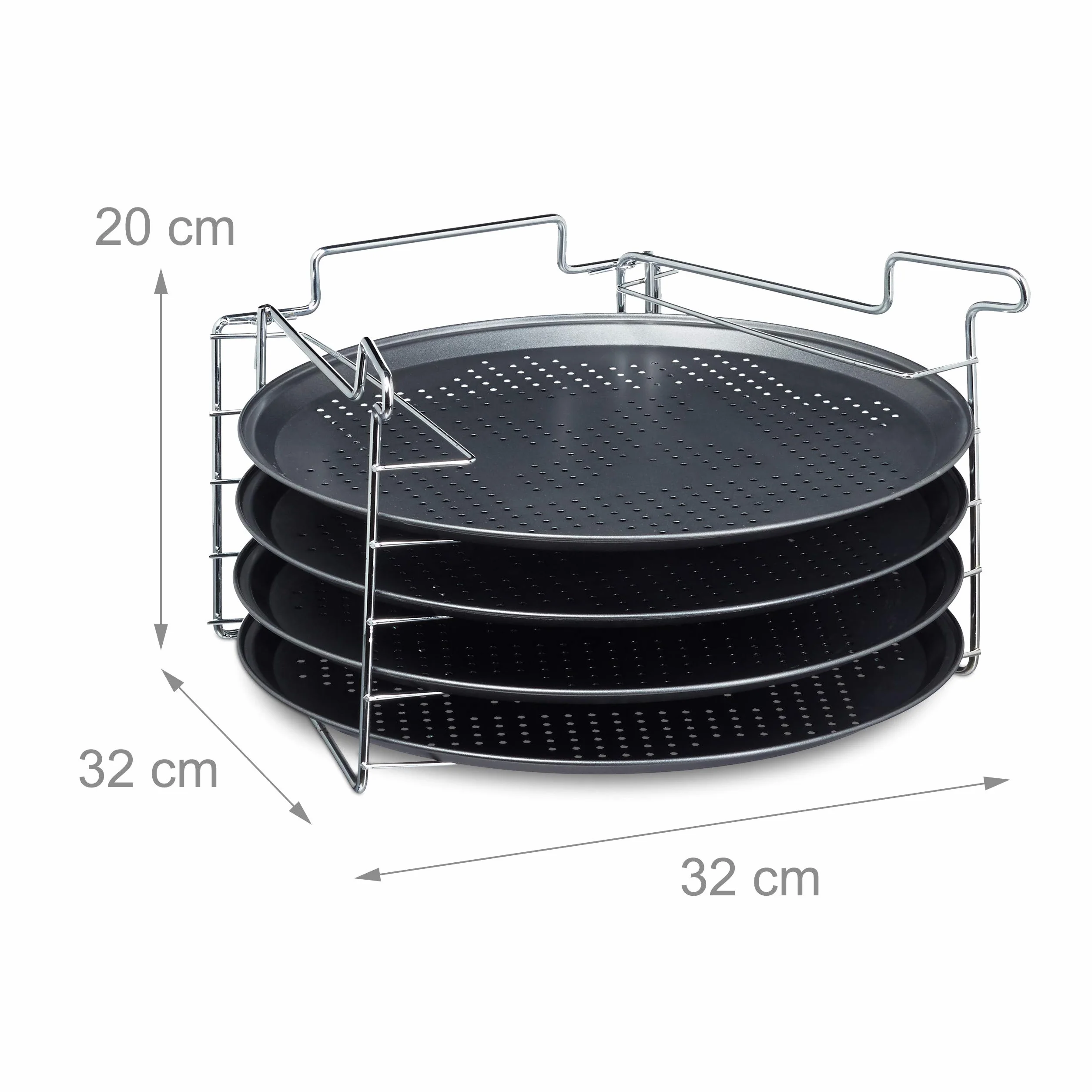 Relaxdays Teglie per Pizza, Pane, Rotonde, Set da 4, Supporto Metallo, Antiaderenti, ∅ 32 cm, da Forno, Forate, Anracite