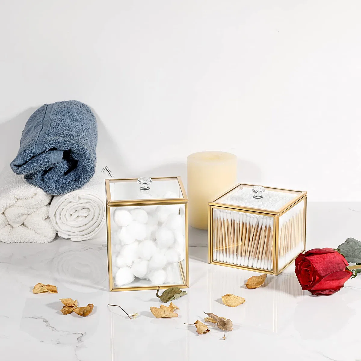 SUMTree 2 pz oro vetro trasparente Qtip titolare palle di cotone tampone organizzatore con coperchio