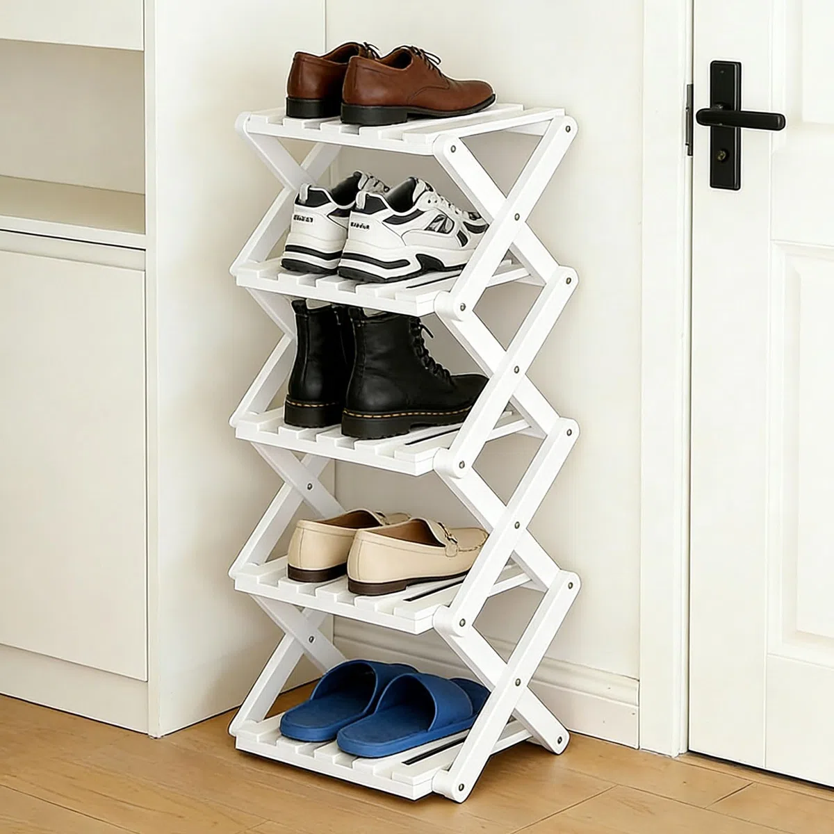 Scarpiera pieghevole, in bambù, piccola scarpiera verticale, per corridoi, soggiorno, piccoli spazi e angoli, non richiede installazione (bianco, 5 piani)