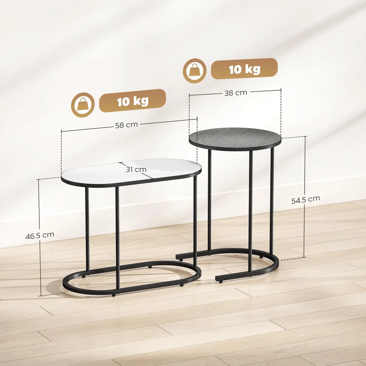 HOMCOM Set di 2 Tavolini da Salotto Impilabili, Tavolini Bassi con Telaio in Metallo per Soggiorno, Camera da Letto e Ufficio, Grigio e Bianco