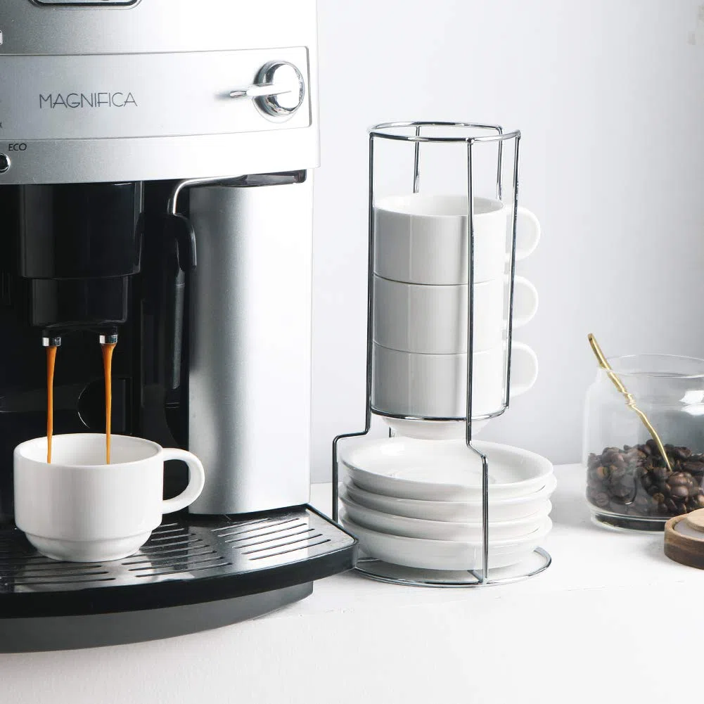 Sweejar Home Set di tazze da cappuccino in porcellana con piattini e supporto in metallo, tazze da espresso impilabili per bevande da caffè speciali, latte, Americano, tè con set di 4 (bianco, 120ml)