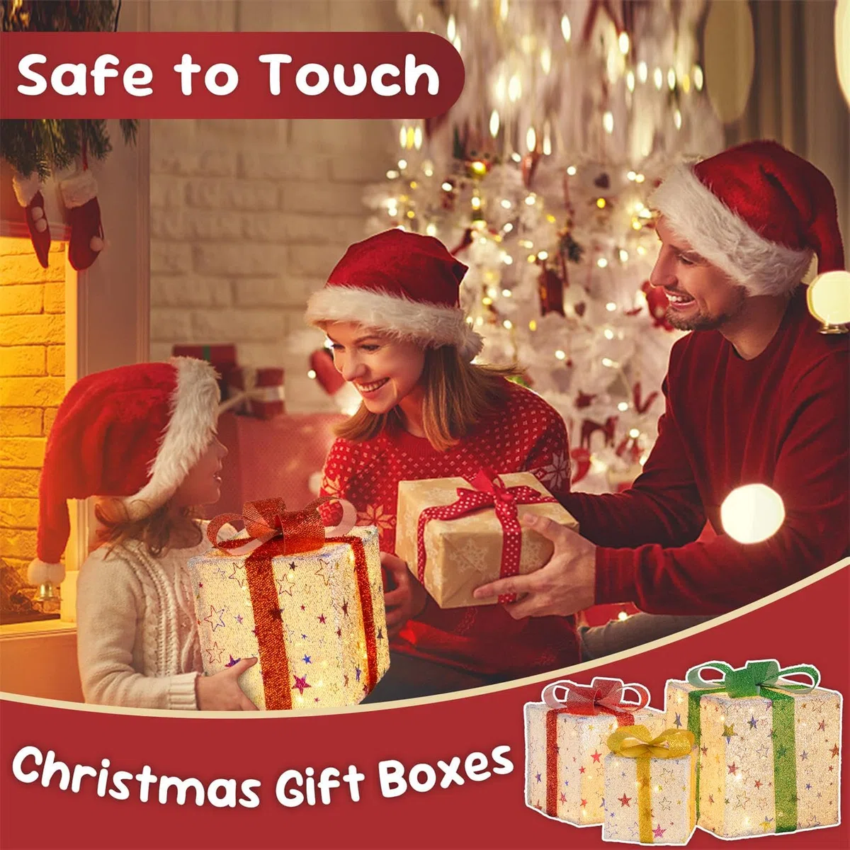 Lypumso Set di 3 Pacchi Regalo Luminosi Natale, 50Leds Scatole Regalo di Natale Stella 8 modalità con Telecomando e Timer, Batteria, LED Scatole Natalizie Luminose per Decorazioni Natalizie, Albero