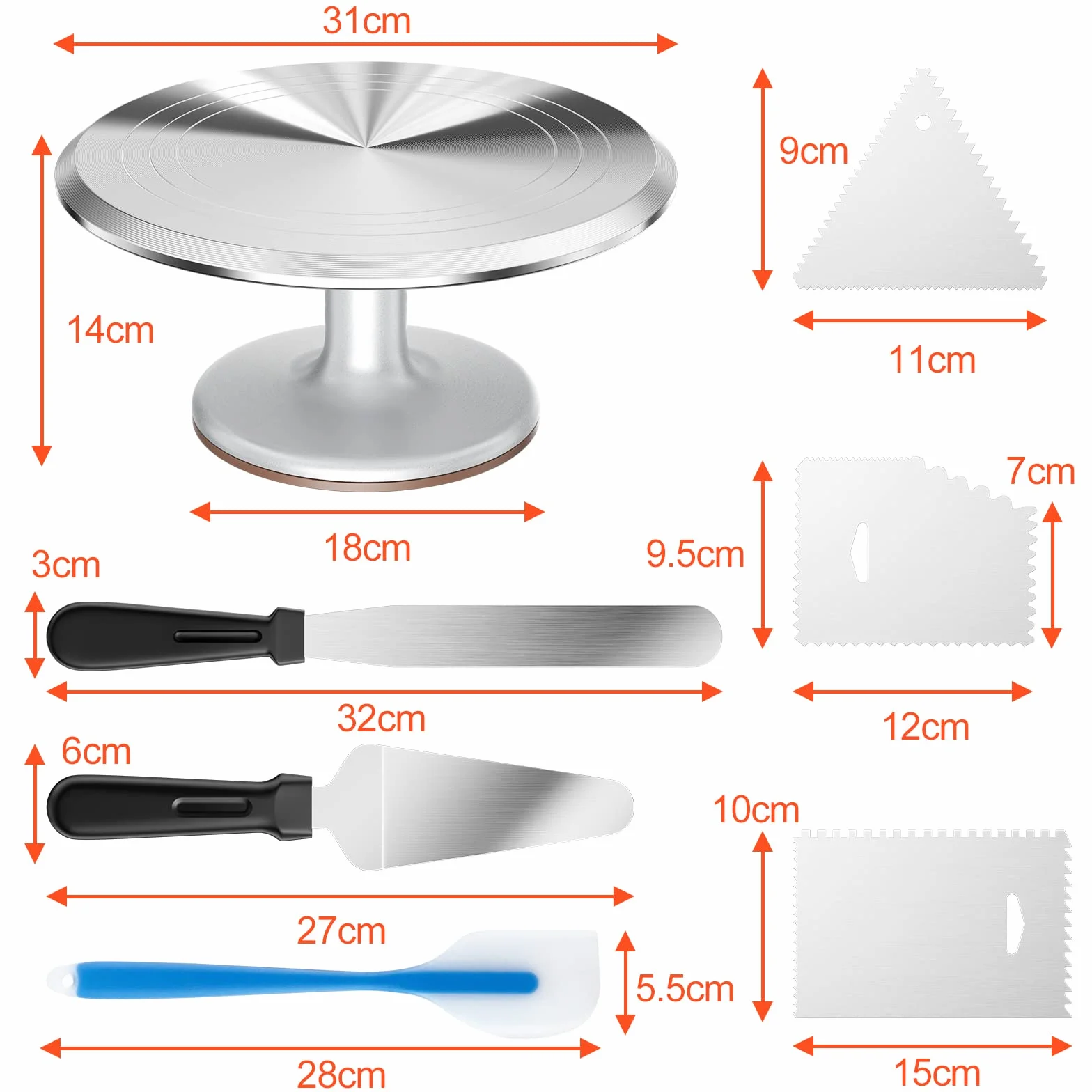 Relota 12'' piatto girevole per torte in Alluminio,kit pasticceria professionale con 2 Spatole per Glassare,3 Spatola Liscia,Supporto Rotante per Torte per Decorazione Pasticceria,Cupcake,argento