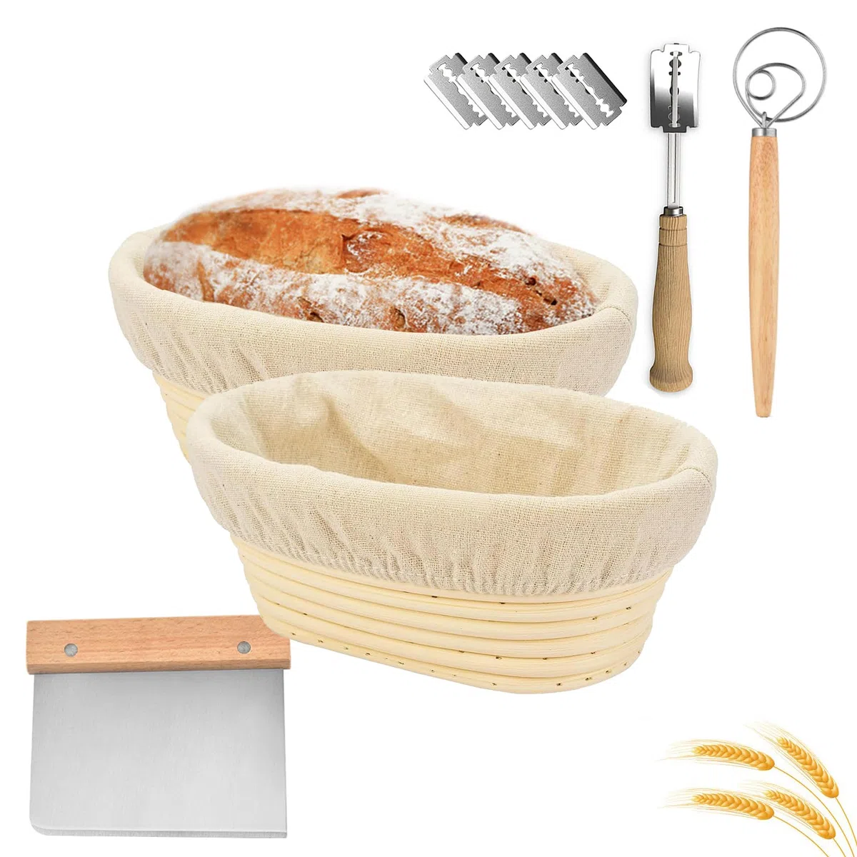 Cestino Ovale da Lievitazione per Pane,2 Pezzi 11 "Cesto in Rattan Naturale,750g di impasto,con Tela di Lino,asta mescolare farina,per impasto di pane,pizza e pasticceria,25x14x8cm
