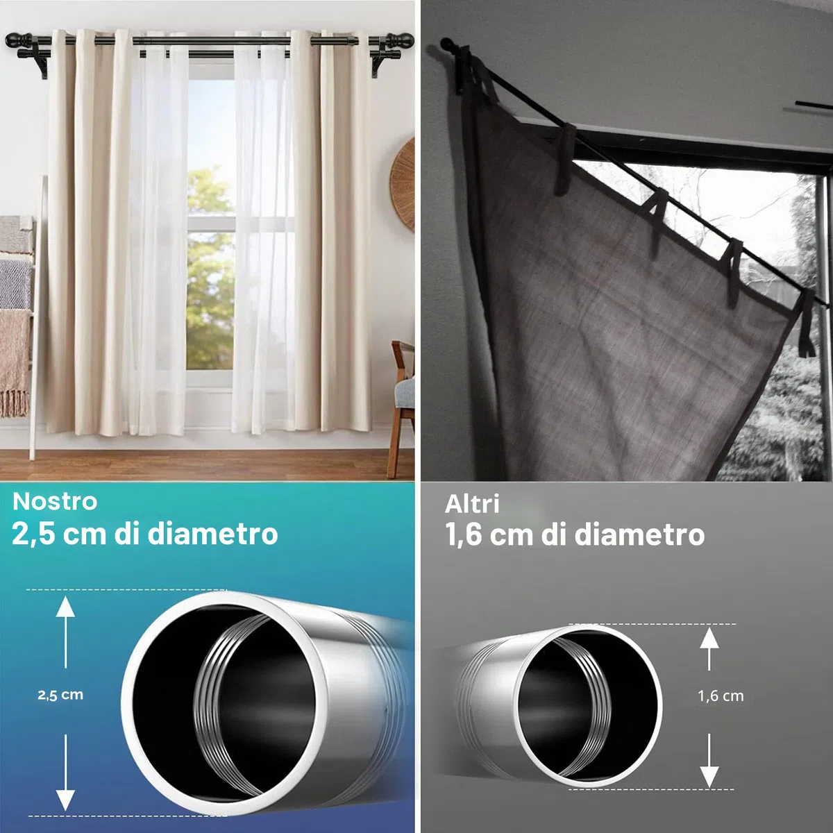 Harms - Bastone per tenda doppio, asta estensibile in metallo per tende in voile oscuranti, 76-222 cm, colore: nero