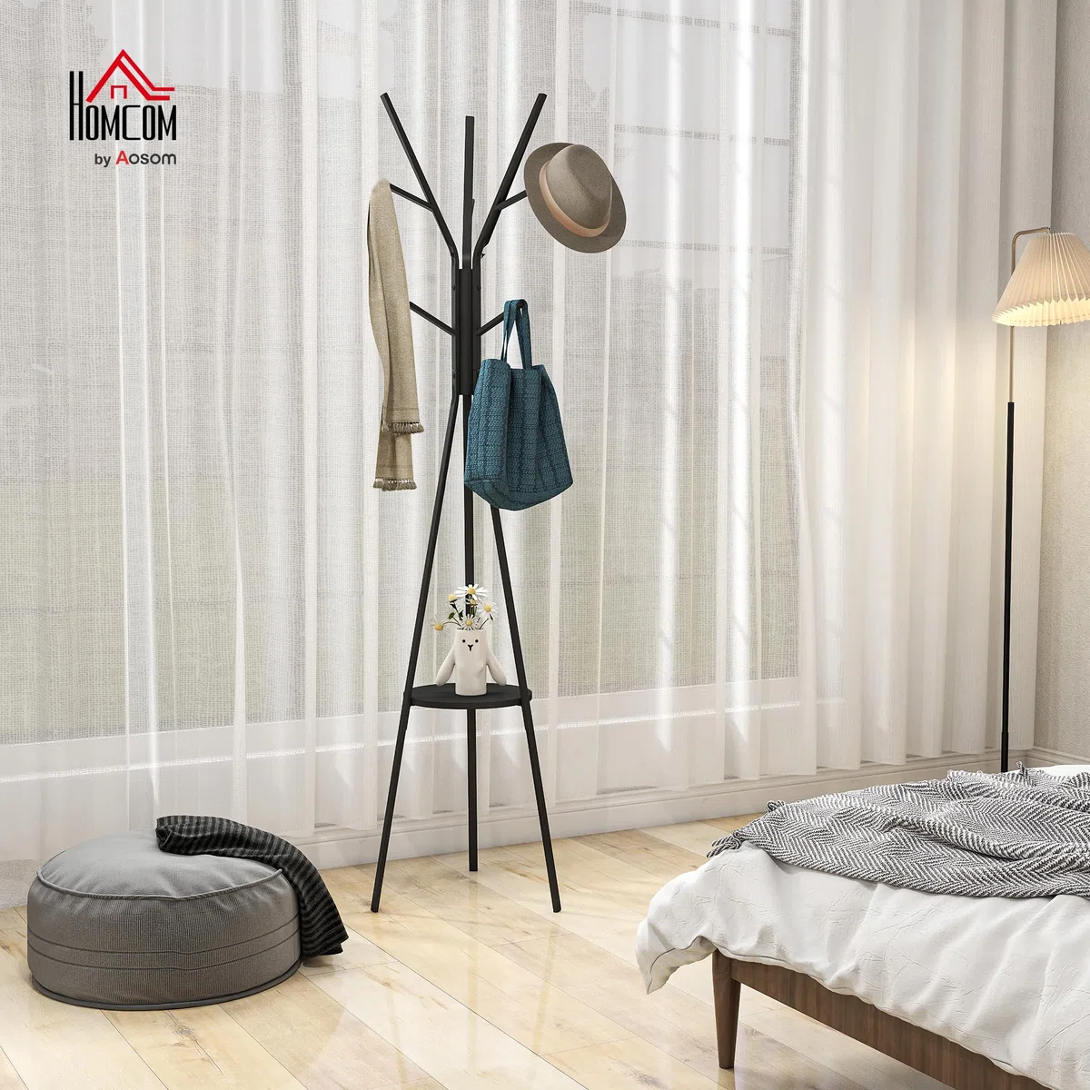 HOMCOM Appendiabiti da Terra di Design, Appendiabiti Verticale Moderno, Attaccapanni da Terra, per Ingresso, Elegante, 3 Aste, 9 Ganci, 45x45x180cm, Nero