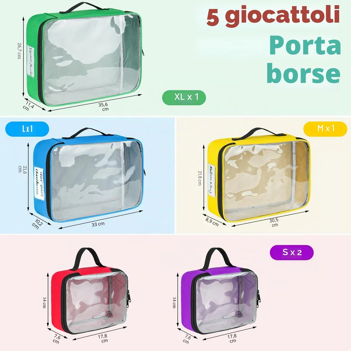 Sacchetti per riporre giocattoli compatibili con mattoncini Lego, 5 pezzi organizer da viaggio per giocattoli per bambini blocchi da costruzione, macchinine giocattolo, puzzle con tasca a rete e tasca