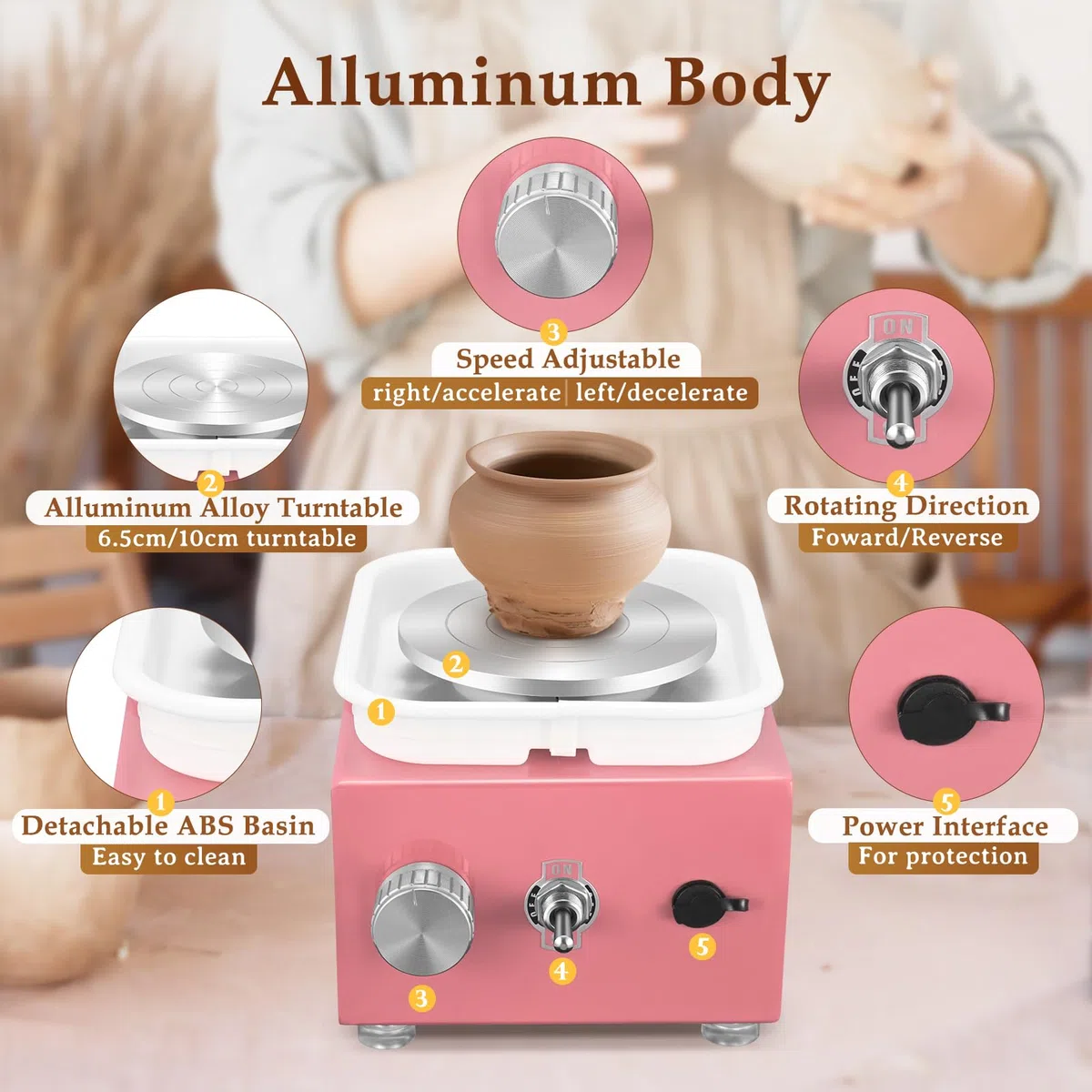 Tornio per Ceramica, Kooeuru Tornio per Argilla 2000 giri/min Velocità Regolabile con Piastre da 10/6,5 cm, Strumenti di Modellatura e Vasca Rimovibile, Tornio Ceramica per Bambini e Adulti, Rosa