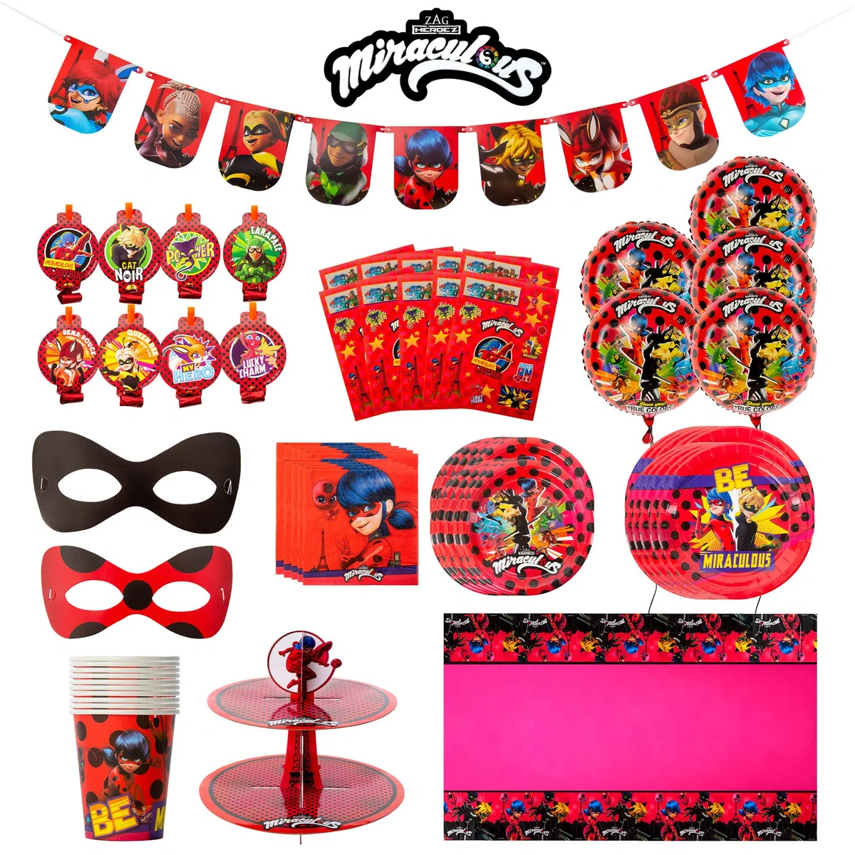 Kit per Festa di Compleanno Miraculous Ladybug in una Scatola - Celebrazione, Festa di Compleanno, Bambini Piccoli - Oltre 100 Pezzi - Gatto Nero - Articoli per Feste - Kit Completo Ufficialmente