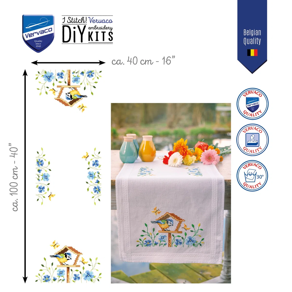 VERVACO Kit Centrotavola Ricamo Prestampato CASE DI UCCELLI Set Ricamo Biancheria Da Tavola 40 x 100 cm Set Fai Da Te Creativo Size Kit Hobby Creativi Adulti Casa Decor Embroidery Embroidery Runner