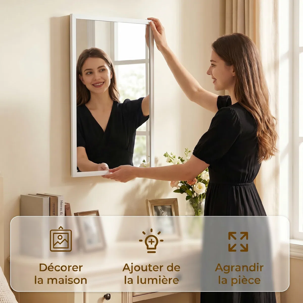 HOMCOM Specchio Bagno Parete Rettangolare con Ganci, Specchio da Camera in Vetro e MDF, 50x70 cm, Bianco