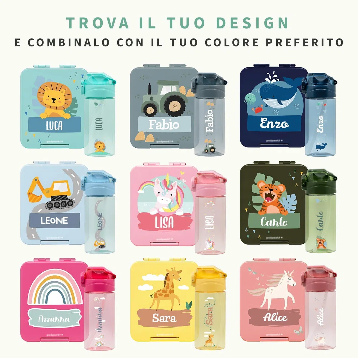 Stellasticker - Set con borraccia personalizzabile per bambini e porta pranzo/merenda personalizzato per bambini in plastica - Borraccia con cannuccia capacità 450 ml - Senza BPA (Azzurro)