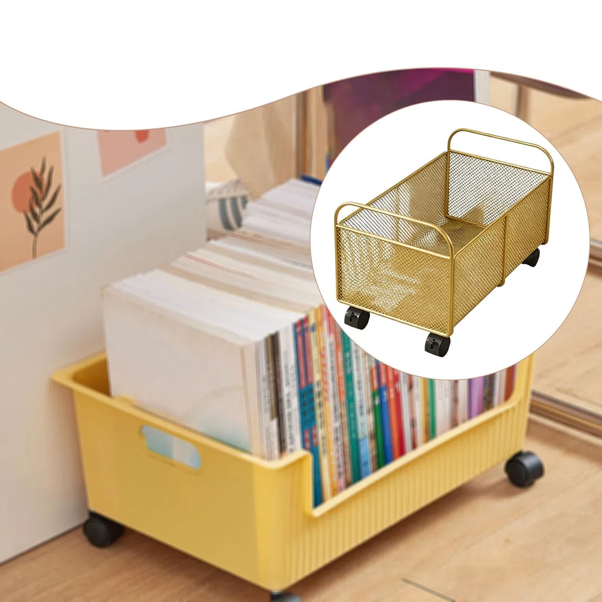rockible Carrello Portadocumenti con Ruote, Carrello portaoggetti Multiuso, Durevole, Organizer Portatile sotto la scrivania per Libri di Artigianato, Sala, Oro, Piccolo