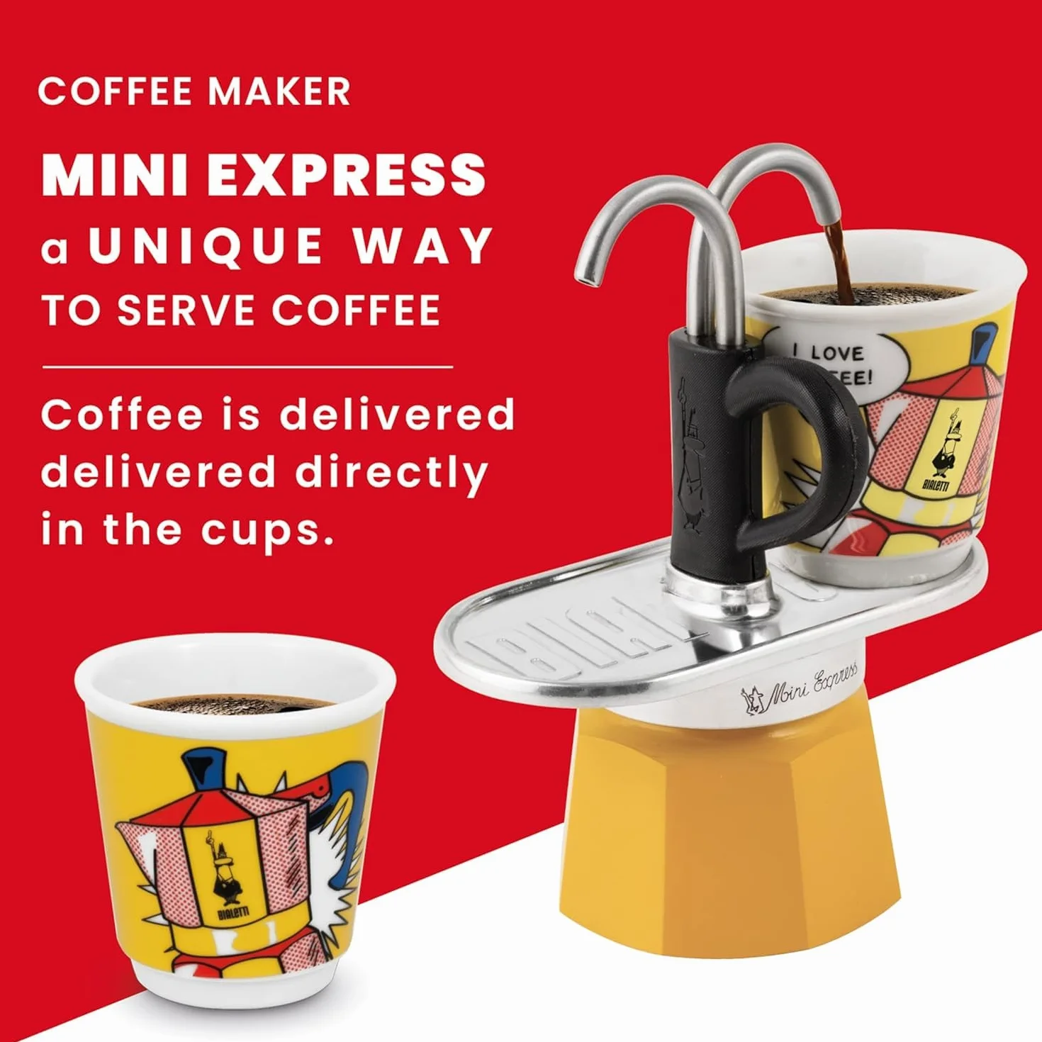 Bialetti Mini Express Colore Giallo, Caffettiera + 2 Bicchierini