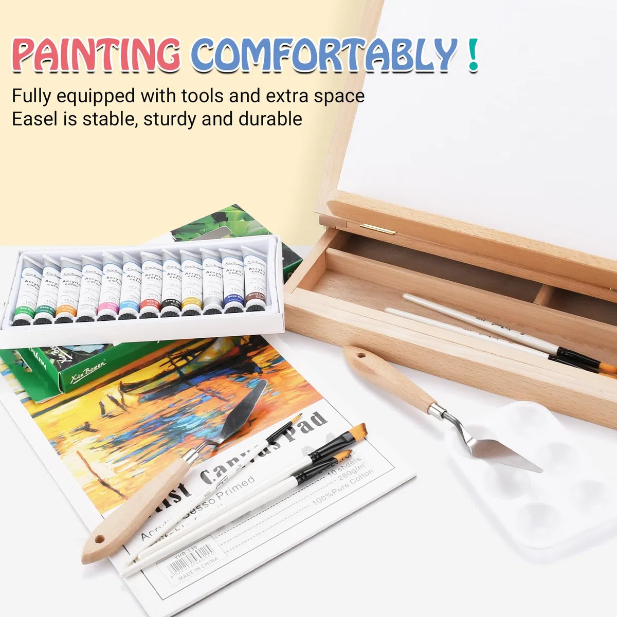 USHOP Cavalletto Pittura,Cavalletto da Tavolo,Set di pittura acrilica da 24 pezzi,12 colori acrilici,5 pennelli,2*Spatola,Tavolozza Colori e Tela A4,per Professionisti e Hobbisti
