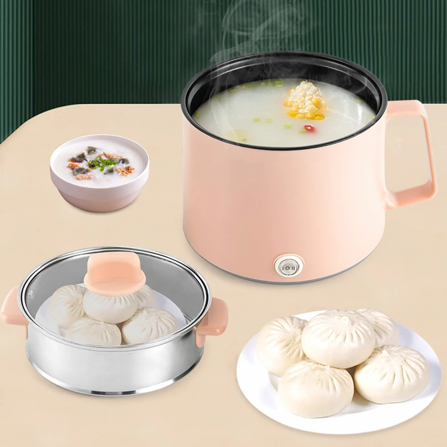 Pentola elettrica portatile antiaderente, 17 x 17 x 25 cm, 1,7 l, con coperchio in vetro, doppia potenza, per farina d'avena, pasta (rosa)