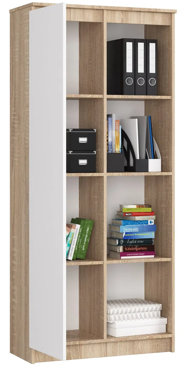 AKORD | Libreria per ufficio CLP 80cm | 4 Ripiani esterni 1 Anta | Scaffale Soggiorno | Porta Libri | Mobile Moderna con Ripiani | Salvaspazio | Librerie da Terra | Sonoma/Wit