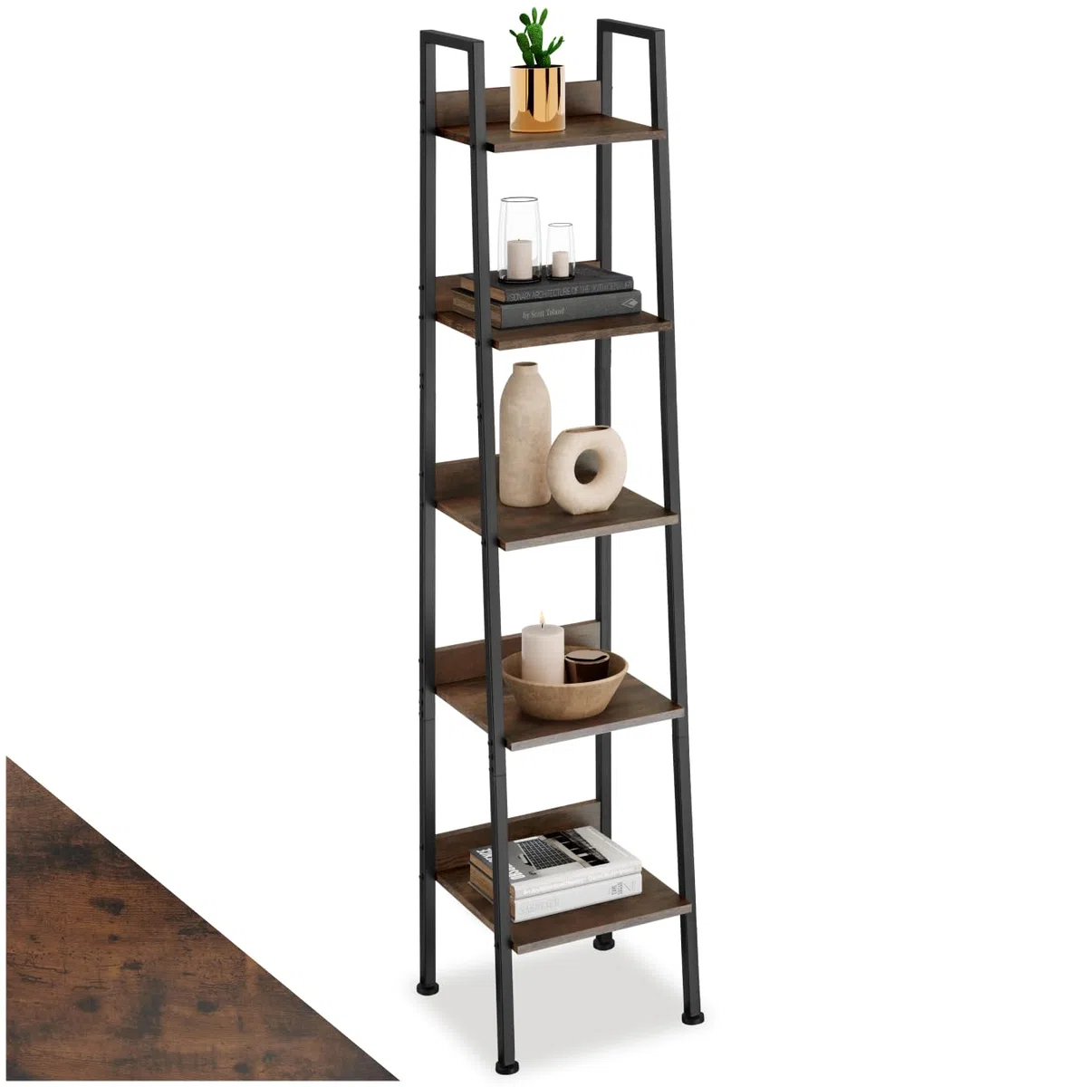 tectake® Scaffale a Scala, Libreria Verticale con 4 Ripiani, Struttura in Acciaio porta libri, Libreria Verticale, Facile Montaggio - 35,5 x 31,5 x 170 cm - Legno industriale scuro