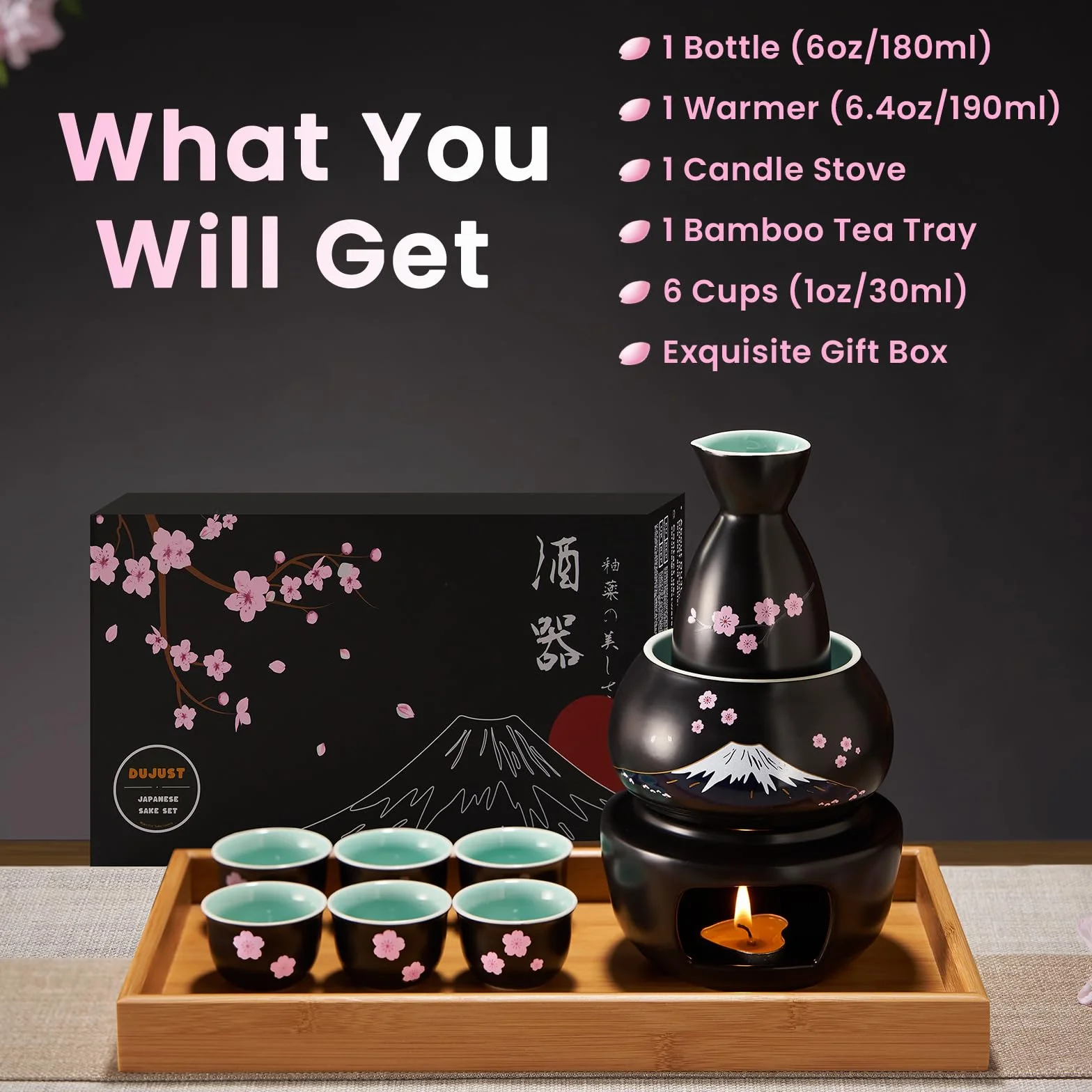 DUJUST Set da sake giapponese da 10 pezzi con scaldino, set da sake in porcellana con disegno Sakura & Fuji, 6 tazze da sake, 1 bottiglia, 1 scaldino, 1 fornello a candela, 1 vassoio e 1 scatola, Nero