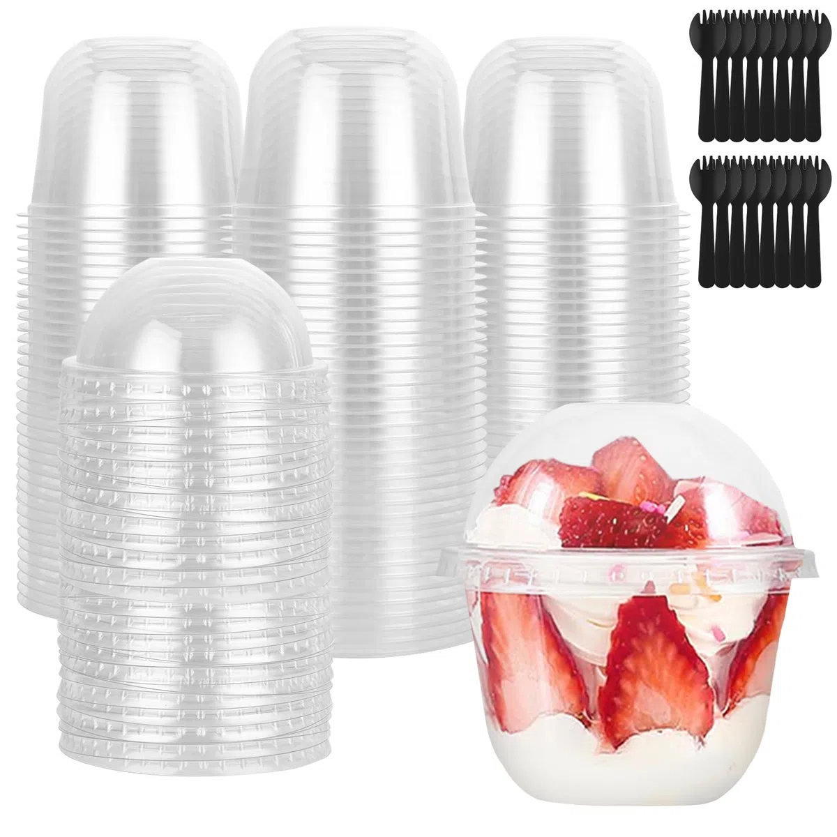 MIVIDE Set di 100 Bicchieri da Dessert con Coperchio, 300 ml/10 oz, Tazze da Dessert in Plastica Riutilizzabili, Coppette con Coperchio per Mousse, Budini, Gelati, Feste di Dessert