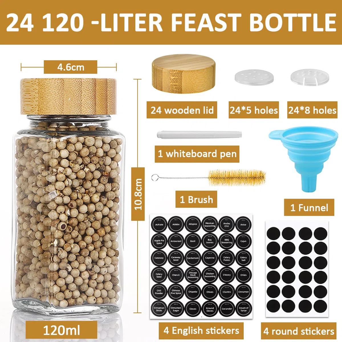 FAMKEEP Barattoli Spezie,24pcs Barattoli Portaspezie Quadrato,Vasetti Portaspezie Vetro con Coperchi in Legna,Contenitori Spezie per Cucina con Setaccio,Etichette,Spazzola, Lmbuto