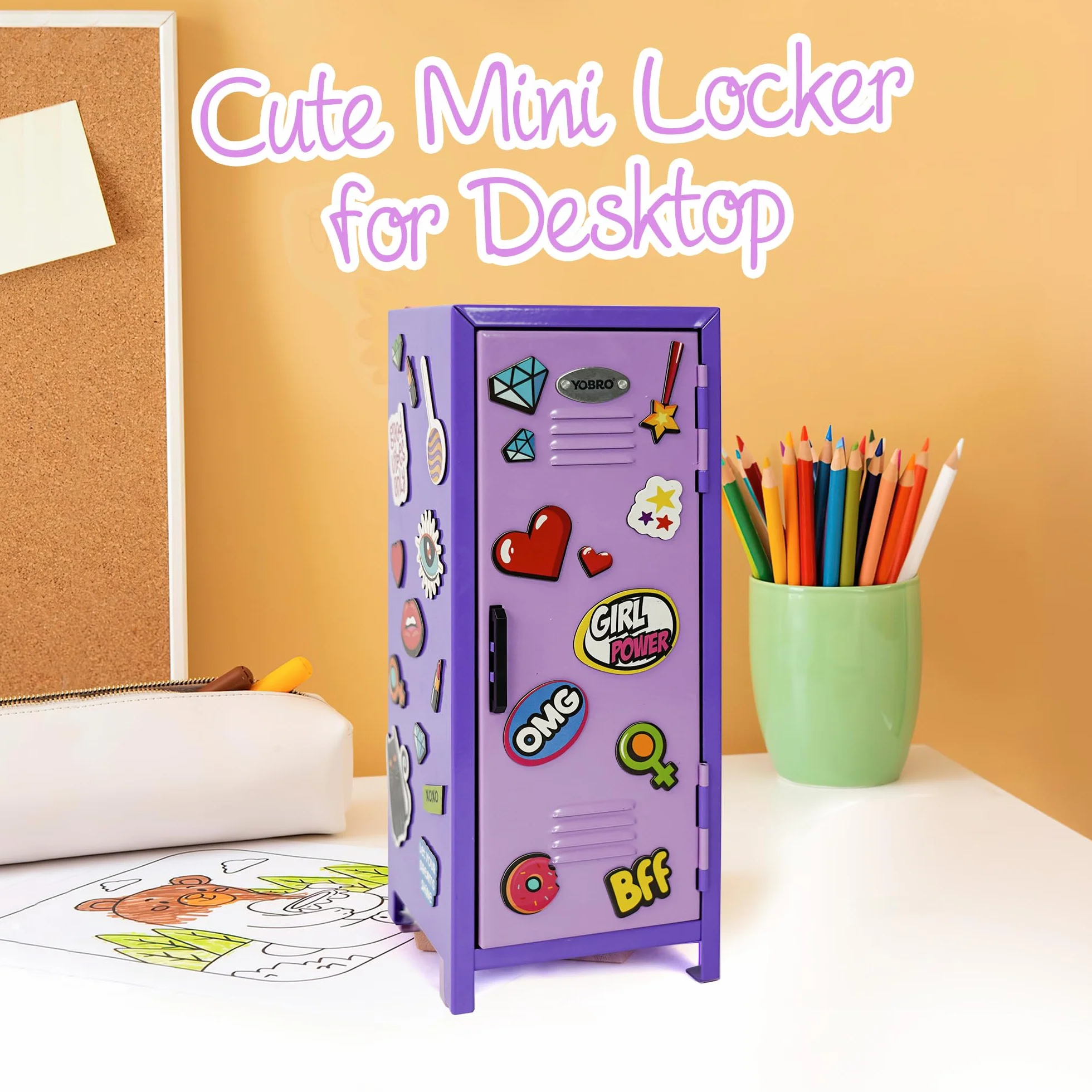 YOBRO Mini armadietto con serratura e 2 chiavi, 24 adesivi decorativi magnetici a tema ragazza, mini armadietti per bambini, armadietto in miniatura per scrivania, casa, camera da letto, viola e viola