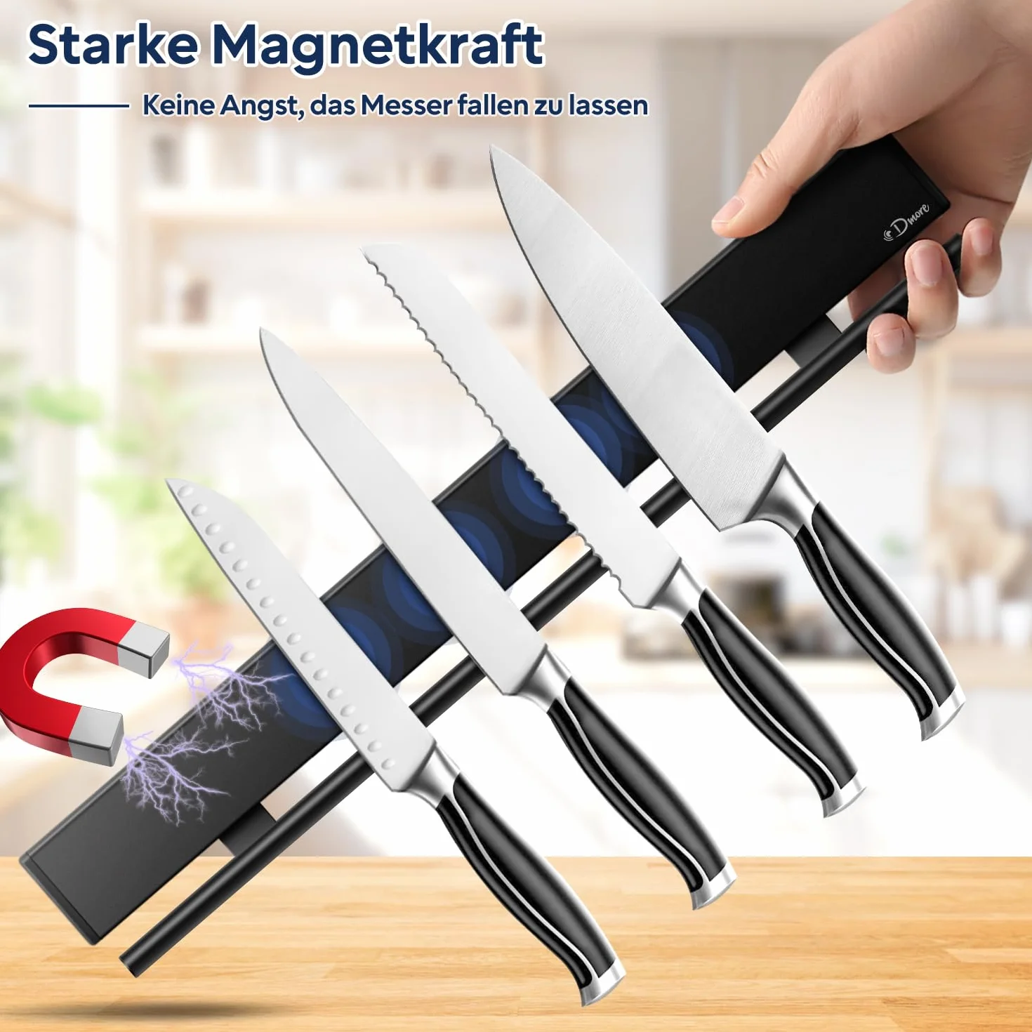 Dmore Portacoltelli magnetico da parete da 43 cm, con 10 ganci, senza foratura, striscia magnetica nera per coltelli e utensili, potente supporto magnetico per coltelli e utensili con nastro adesivo e