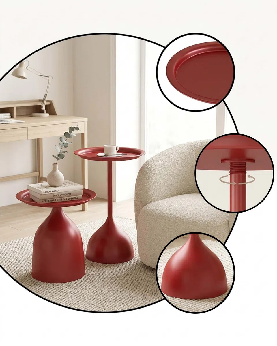 Tavolini da Salotto Rosso in Metallo Set di 2 Tavolino da Divano Rotondo Moderno, Tavolino da Balcone Impermeabile e Antiruggine Tavolo Rotondo per Soggiorno e Camera, H 42+60cm