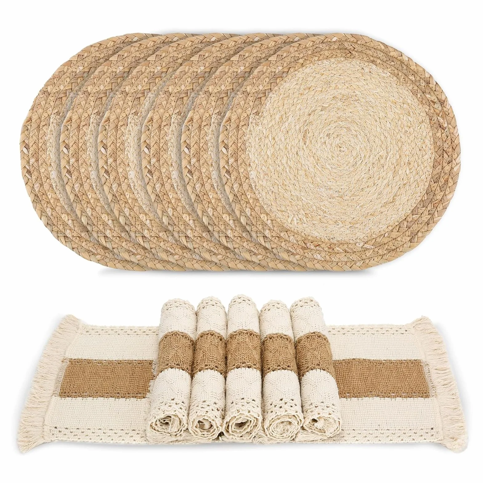 Set di 6 tovagliette fatte a mano in stile bohémien, in iuta di cotone naturale e paglia d'acqua, decorazioni in macramè e tovagliette in stile rustico, per tavolo da pranzo e cucina