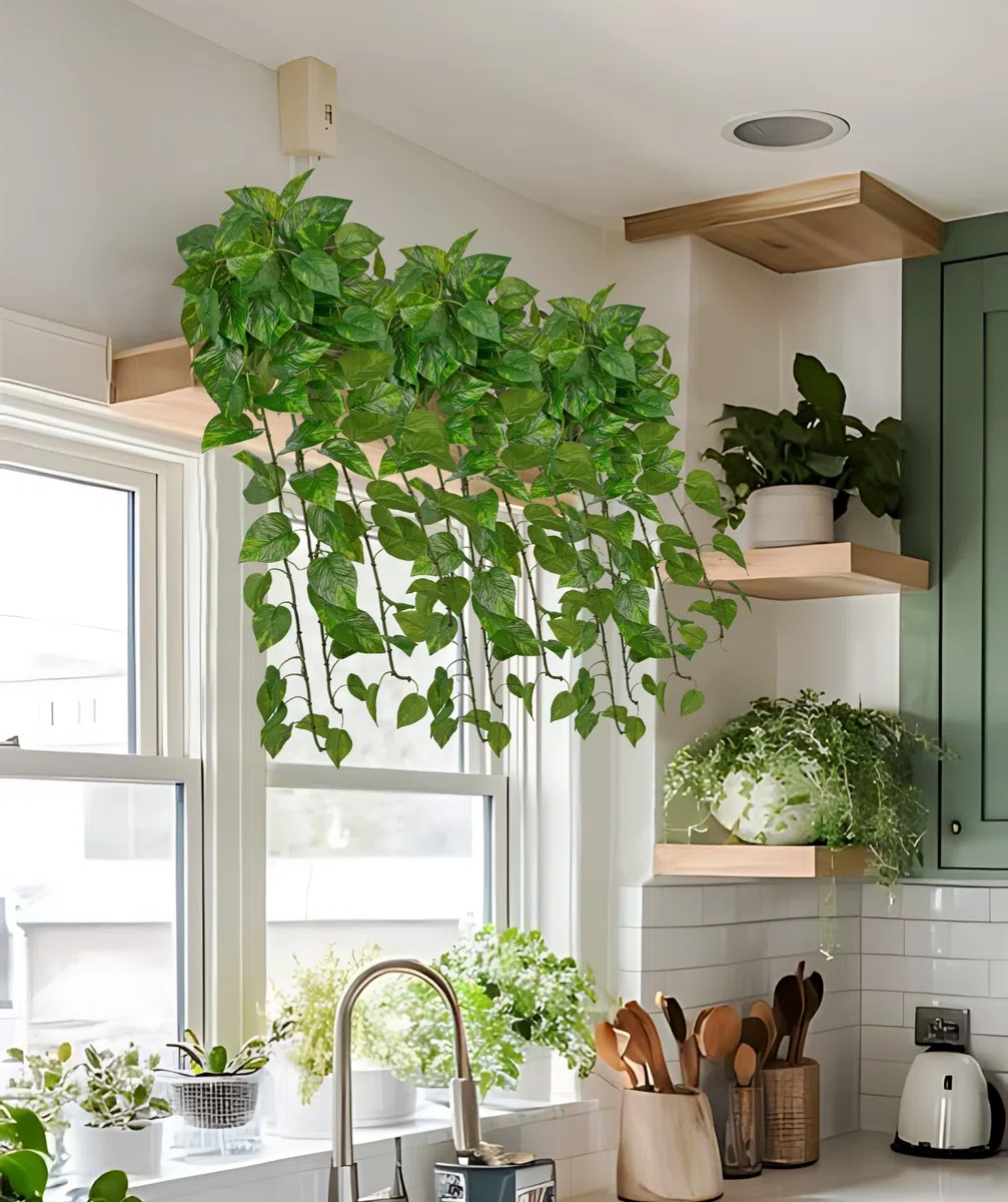 Briful Pianta artificiale sospesa Pothos – Verde artificiale realistico Scindapsus Viticci, ca. 90 cm, pianta decorativa per parete, soggiorno e interni