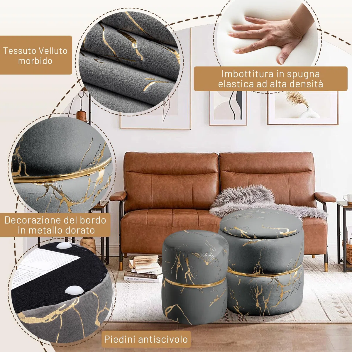 Set 2 Sgabelli Contenitori Rotondi con Seduta Imbottita, Poggiapiedi, Sgabello per Toeletta Trucco, Grigio Velluto