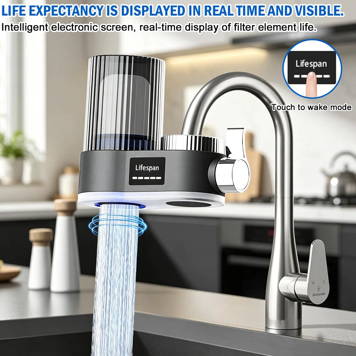 Filtro acqua per rubinetto con indicatore LED, filtro acqua potabile, filtro acqua potabile rimuove cloro, metalli pesanti, sterilizzazione UV (con 2 filtri) per cucina viaggio animali domestici