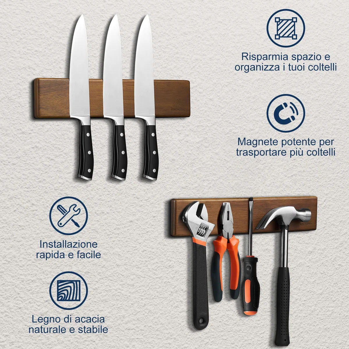 ENOKING Portacoltelli Magnetico 26 cm, Barra Magnetica per Coltelli Senza Forare, Porta Coltello Forte in Legno D'acacia con 2 Ganci