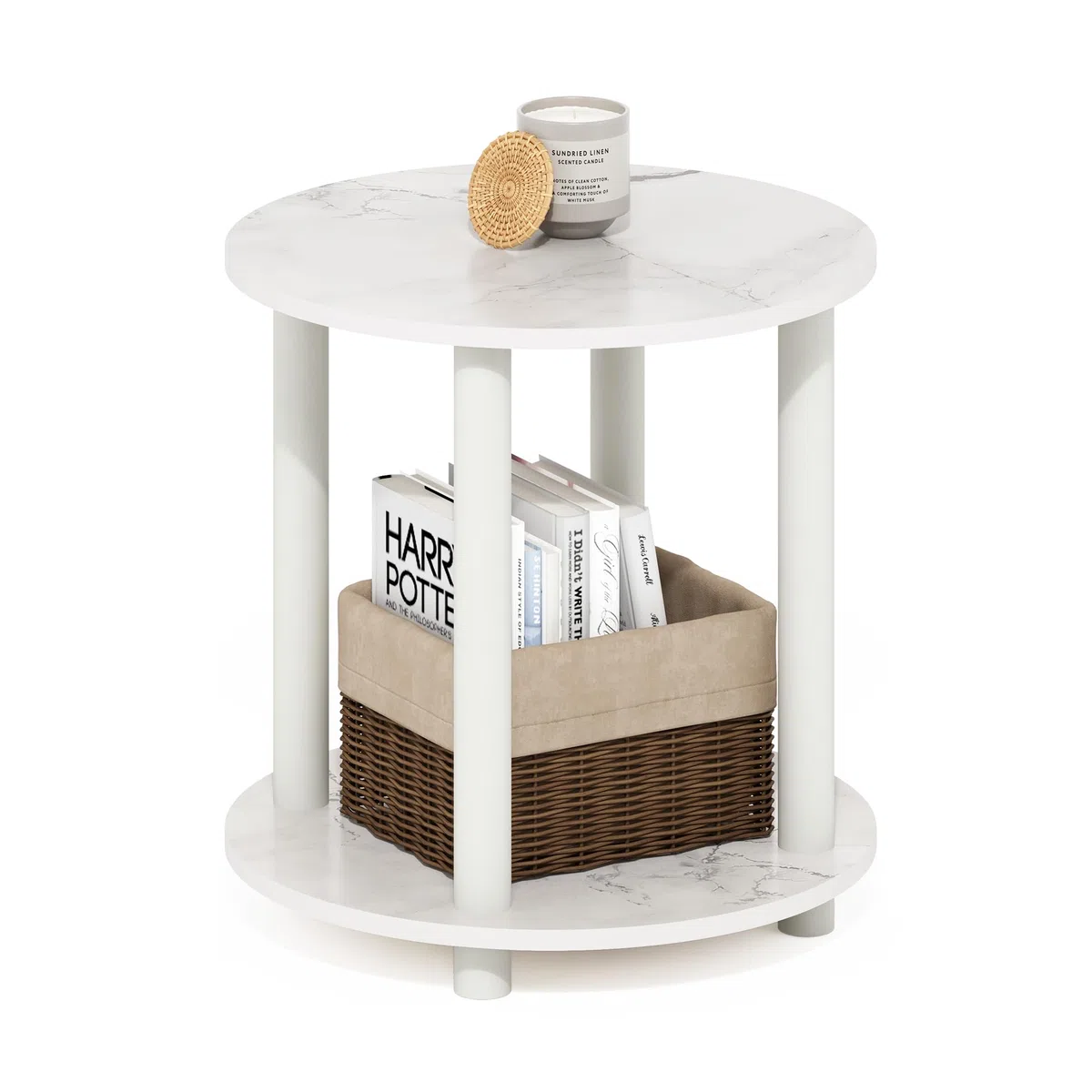 Furinno Turn-N-Tube Tavolo Rotondo in Legno a 2 Livelli, ingegnerizzato, Marmo Bianco, 1-Confezione