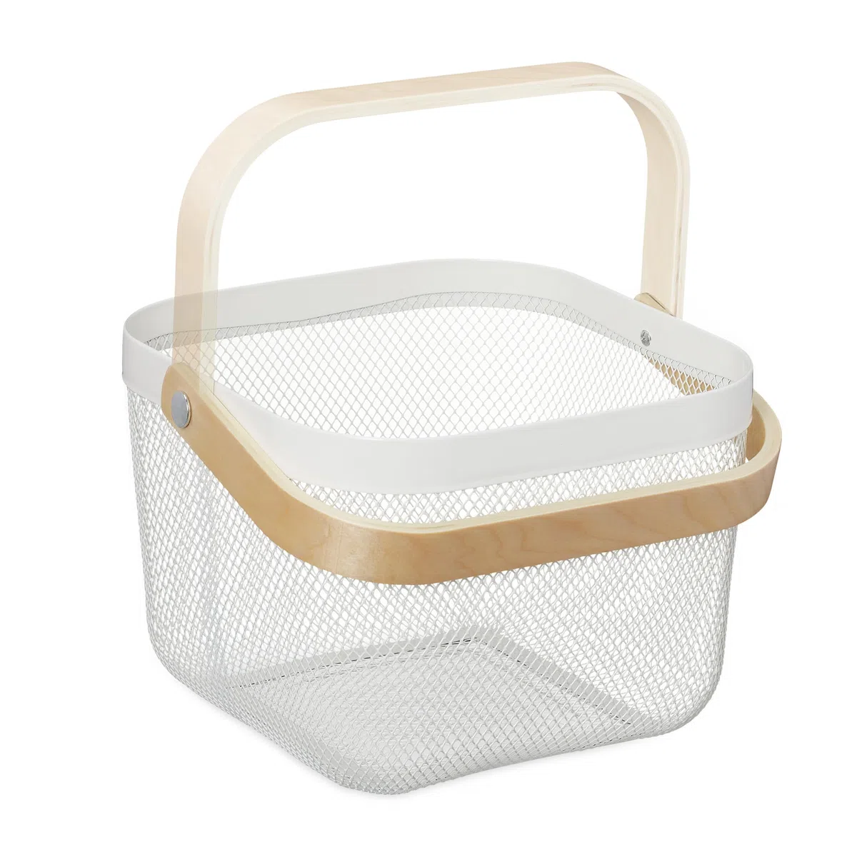 Relaxdays Cestino Metallico Portaoggetti a Rete Quadrato, Set 2 Cesti con Manico in bambù, HLP: 17,5x26x24,5 cm, Bianco