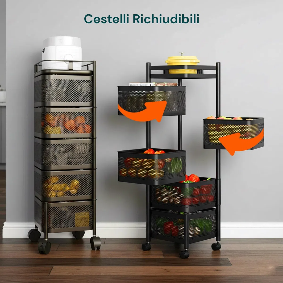 Avilia - Carrello con Ruote Portatutto Richiudibile Multiuso con Cestelli Capienti e Struttura Salvaspazio per Cucina Bagno e Ufficio Design Pieghevole con Ruote Frenanti Nero Quadrato 5 Cestelli
