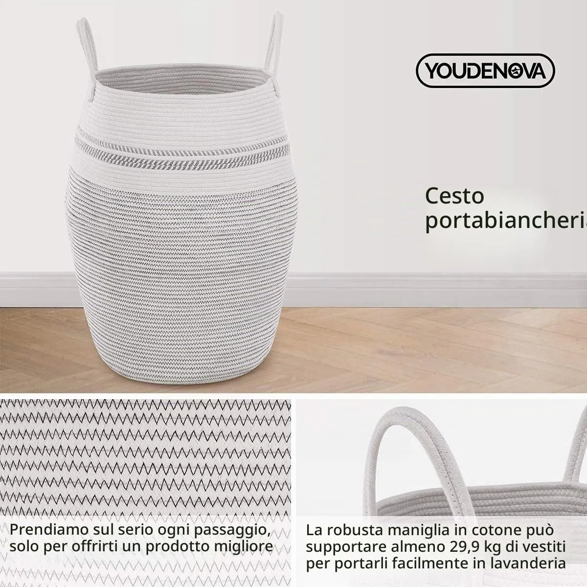 YOUDENOVA Cesto Biancheria Sporca, Intrecciato Cesta Portabiancheria Sporca Grande da 105L, Cesto Portabiancheria Intrecciato Grande con Manico